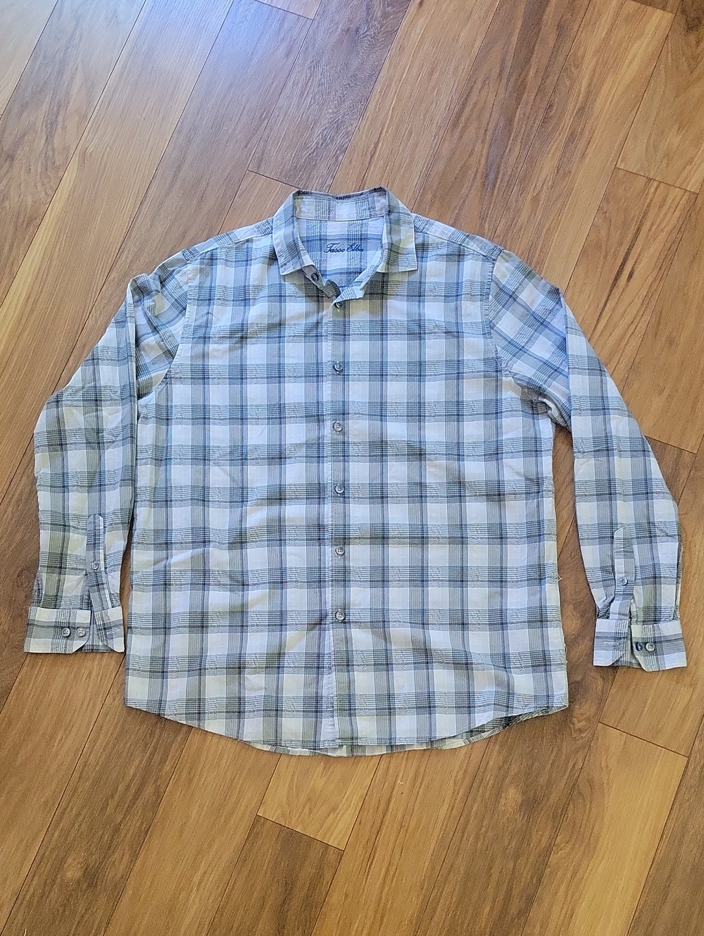 Tasso Elba Men’s Plaid Button-Down Shirt in Light Blue and Gray Size Large